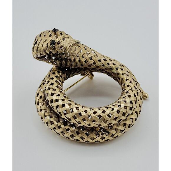 Vintage Coiled Woven Mesh Snake Brooch Pin Rhinestone Eyes - Picture 3 of 10